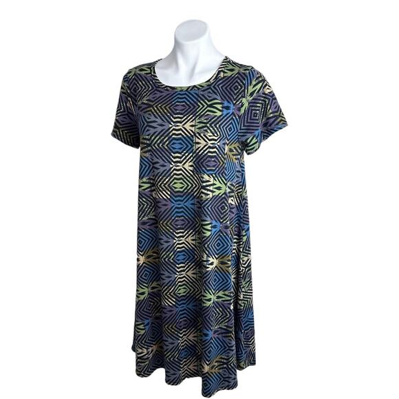 LuLaRoe Carly Dress Multicolor Geometric Short Sleeve Midi Dress Size Small Y2K - Picture 1 of 12
